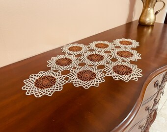 Handmade IVORY & COPPER Crochet Beaded Doily 29”/18”