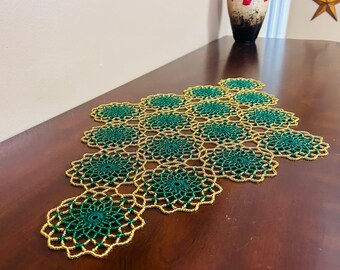 Handmade XMAS GREEN & GOLD Crochet Beaded Doily 25"/15"