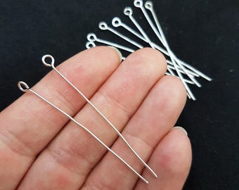 50pcs x 50mm  Tarnish Resistant Silver Plated Eye pins