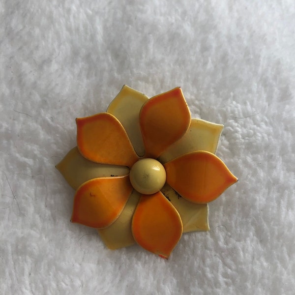 Vintage yellow and orange enamel flower brooch, Large Mod Style Floral Pin