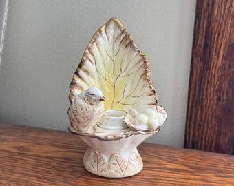 Vintage Ucagco Ceramic Bird and Berries Candle Holder with Gold Details