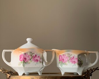Vintage Germany Porcelain Cream and Sugar Set: Pink Rose Cottage Decor