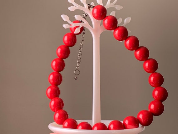 Vintage Plastic Vintage Chain Style Red Pink Clear Plastic Bead Necklace Statement Necklace Repurposed Prystal 31 Inches