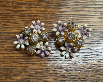 Vintage Purple Enamel and Rhinestone Flower Clip Earrings | Retro Costume Jewelry Purple Floral Clip Earrings | Mid Century Austria Earrings