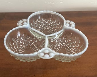 Vintage Anchor Hocking Glass Hobnail Moonstone Opalescent Divided 3 Section Bowl