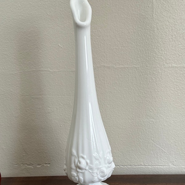 Vintage Fenton White Milk Glass Swng Vase in Rose Pattern | Collectible Fenton Milk Glass Bud Vase | Mid Century Glass Home Decor