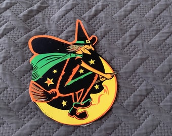 Vintage Beistle Witch on Broom and Moon Die Cut | Retro Witch and Moon Beistle Halloween Decor | Witch Riding Broom