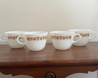 Vintage Set of 4 Pyrex Corning Milk Glass Mugs in Butterfly Gold Pattern