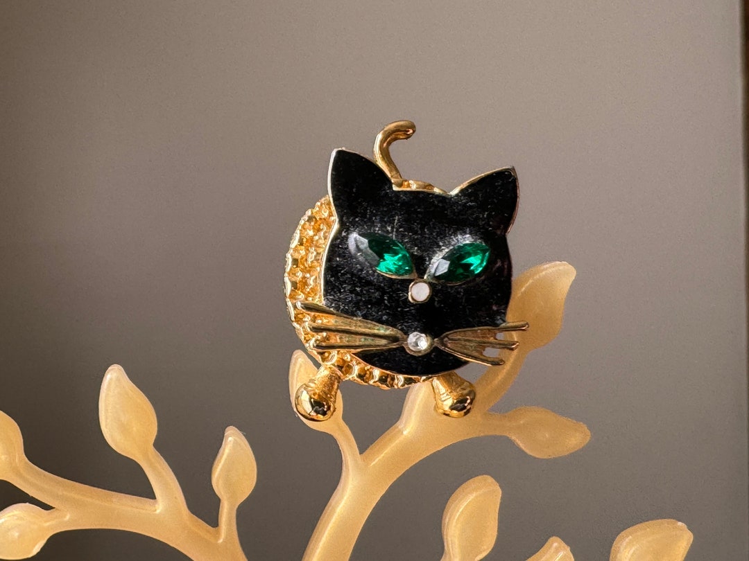 Vintage Bobble Head Cat Brooch | Retro Black Enamel Cat Brooch With ...