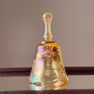 Vintage Fenton Glass Hand Painted Marigold Carnival Bell | Fenton Glass 50th Anniversary Bell | Collectible Carnival Glass Bell