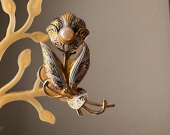 Vintage Damascene Flower Brooch with Faux Pearl | Damascene Costume Jewelry Brooch | Granny Core Flower Brooch Costume Jewelry