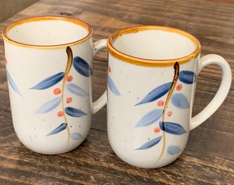 2 Vintage Stoneware Coffee Mugs Blue Leaf and Red Berry Design | Set of 2 Brown Ceramic or Stoneware Pottery Coffee Cups