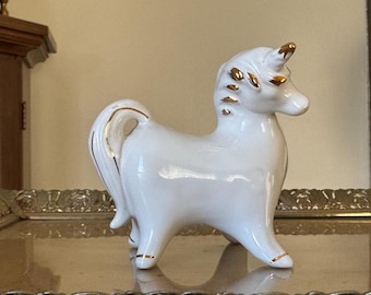 Vintage Ceramic White Unicorn Single Shaker or Figurine with Gold Accents