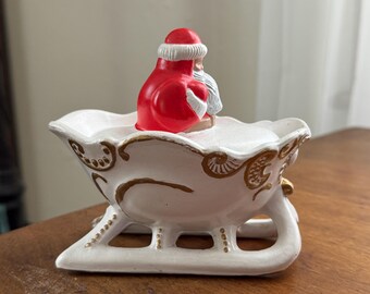 Vintage Ceramic Santa on Sleigh Covered Dish | Collectible Santa on Sleigh Christmas Candy Dish | Santa on Sleigh Holiday Decor