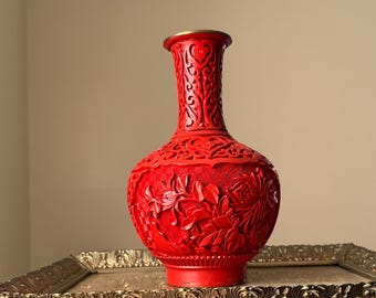 Vintage Cinnabar Style Carved Asian Themed Vase Brass Base