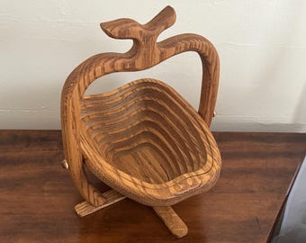 Vintage Hand Carved Wooden Collapsible Apple Shaped Fruit Basket Trivet
