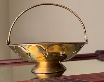 Vintage Solid Brass Decorative Basket with Handle | Made in India Brass Basket Home Decor | Brass Pedestal Bowl with Handle