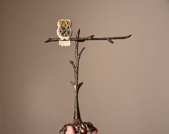 Vintage Metal Jewelry Tree Stand with Mosaic Jeweled Owl | Owl Jewelry Display Stand