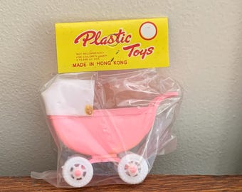 Vintage Plastic Toys Brand Pink Baby Stroller with Baby | Small Plastic Pink Baby Stroller Toy in Original Packaging | Mid Century Toy