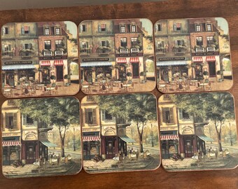 Vintage Pimpernel Parisian Scene Cork Back Coasters Set of 6 with 2 Different Scenes