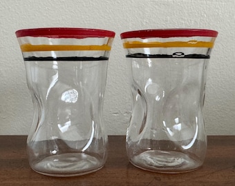 Anchor Hocking set of 2 Pinch Shot Glasses #171 3 Ring, Red Yellow Black | Depression Era Barware Art Deco Style Glassware
