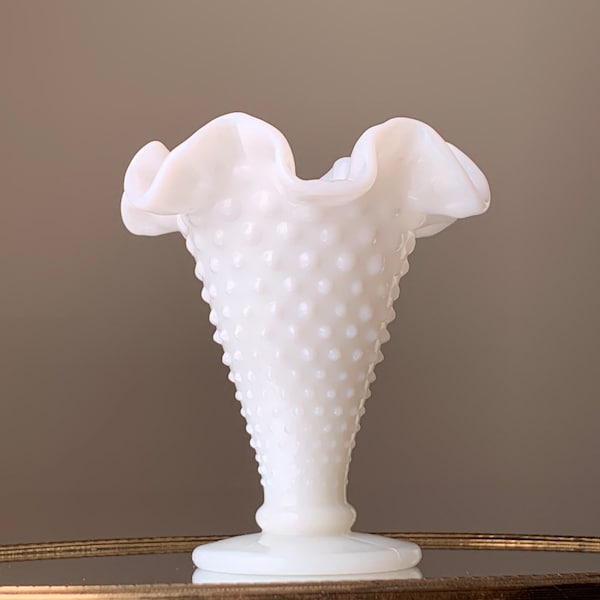 Fenton White Milk Glass Hobnail Vase | Small Ruffled Top Hobnail White Glass Vase | Small Footed Hobnail Milk Glass Vase