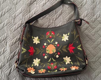Vintage Adrienne Vittadini Black Leather Purse Shoulder Bag Featuring Embroidered Flowers
