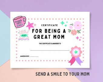 Best mom award, great mom award, mom certificate, best mom in the world, downloadable, digital certificate, certificate, award