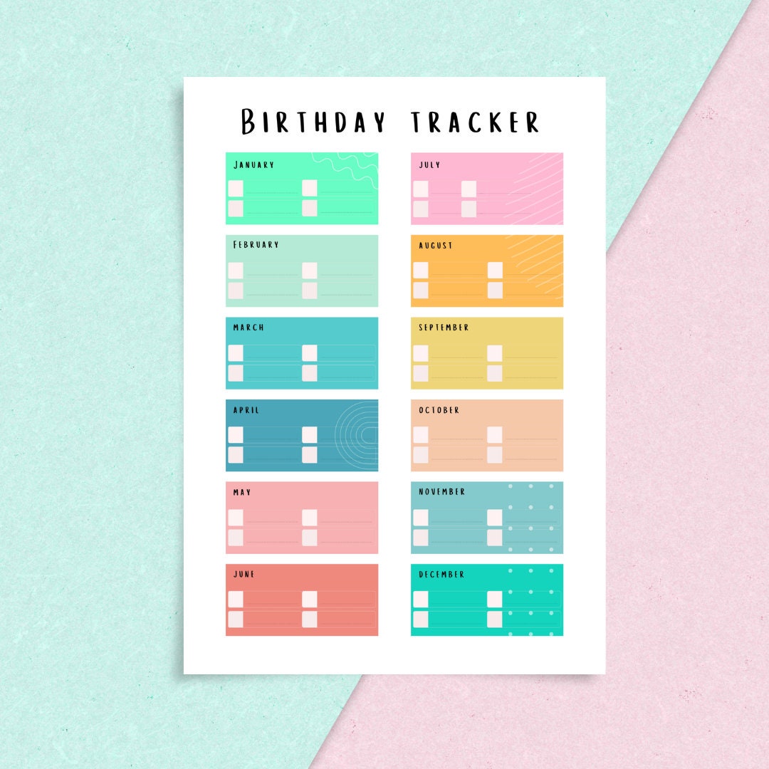 Birthday Tracker, Downloadable Birthday Tracker, Colourful Birthday