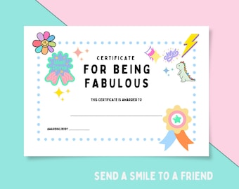 Fun Certificate, For Being Fabulous Certificate, Certificate Template, Digital Certificate, Downloadable Certificate, Send a Smile