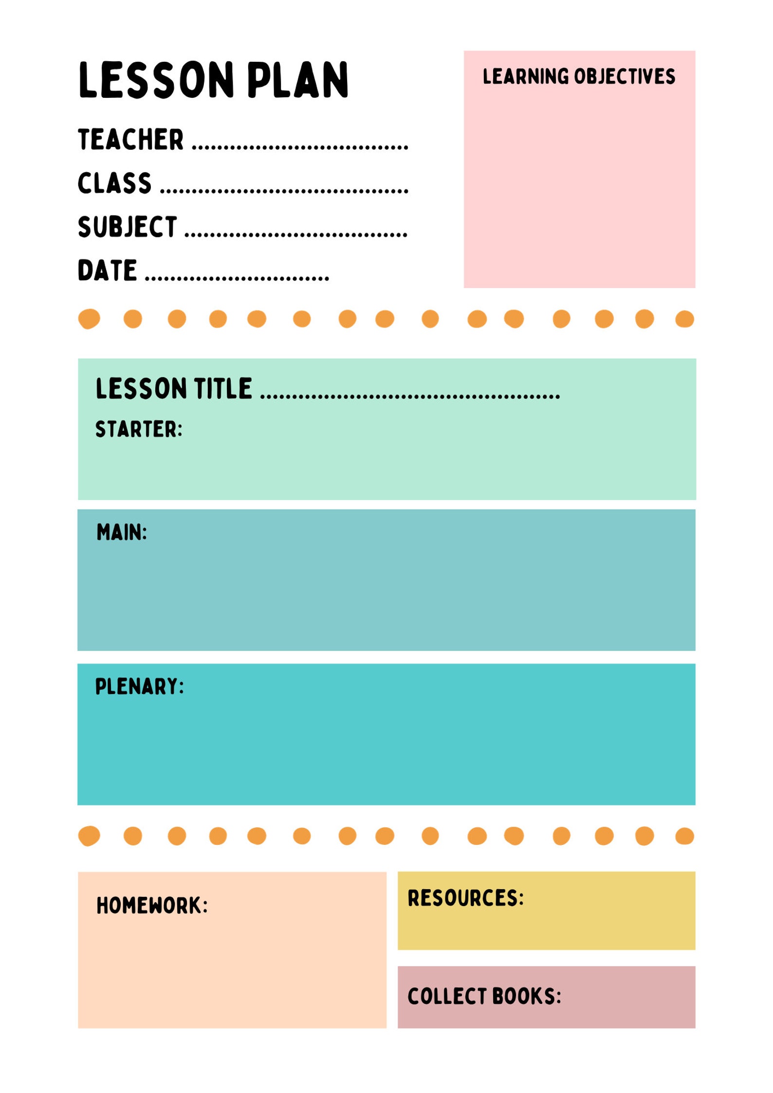 Downloadable Lesson Plan, Teaching Lesson Plan, Colourful Lesson Plan