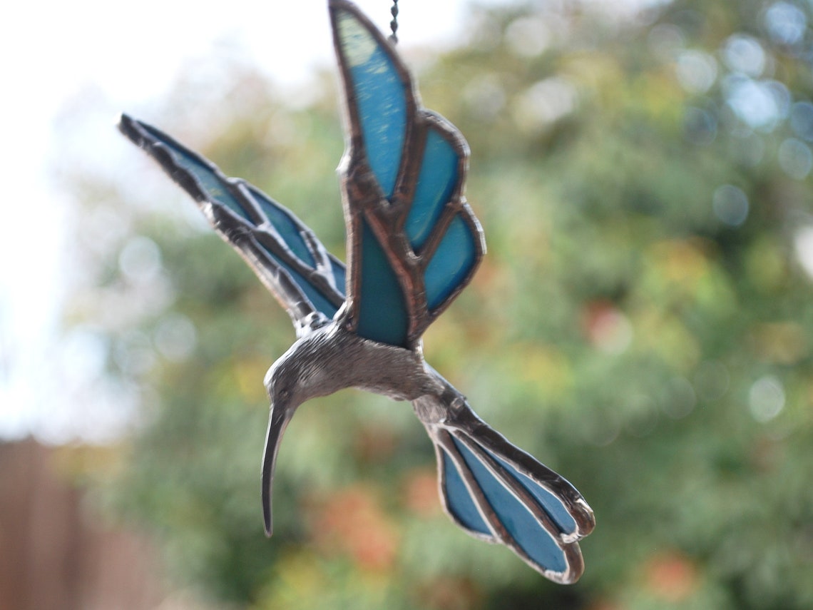 Stained Glass Hummingbird Cast Metal Body 3 D Bird Silver Etsy