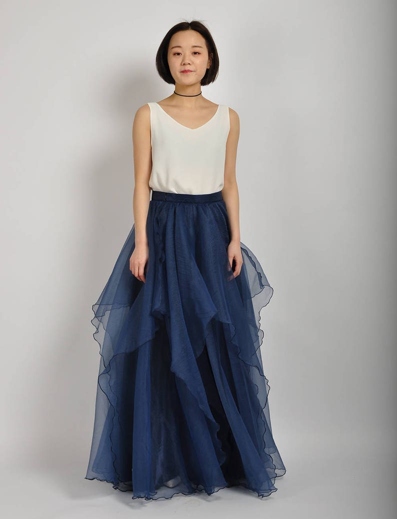 Irregular Long Blue Wedding Skirt High Waist Floor Length Evening Skirt Elegant Event Party Bridesmaid Dresses 098