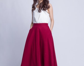 Burgundy Wool Skirt Midi Winter Skirt