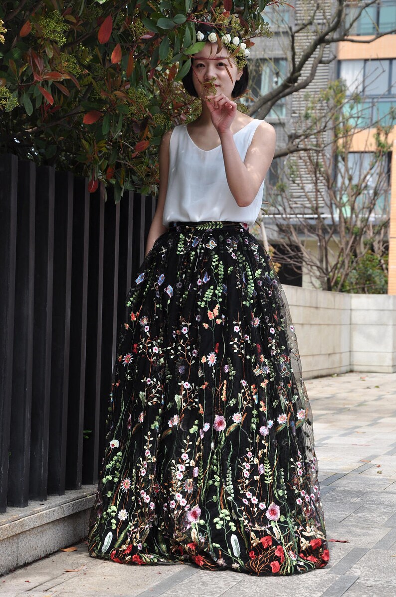 Black Floral Embroidery Long Skirt High Waist Maxi Event Party Tulle Skirt Fashion Wedding Bridesmaid Dresses