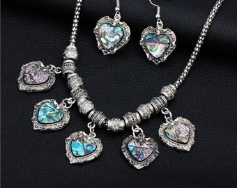 0123 - Antique Style Abalone Heart Shaped Necklace and Earring Set / Abalone Necklace / Shell Necklace / Statement Necklace / Heart Chakra