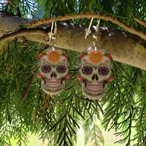 Smiling Candy Skull Drop Earrings /  Sugar Skull Earrings / Candy Skull Earrings / Lightweight Earrings / Day of the Dead Earrings