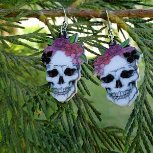 Acrylic Skull and Flowers Earrings / Sugar Skull Earrings / Candy Skull Earrings / Lightweight Earrings / Day of the Dead Earrings
