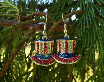 0324 - Enameled Bling American Flag Hat Earrings / 4th of July Earrings /Memorial Day Earrings /Bling Hat /Bling 4th of July Earrings