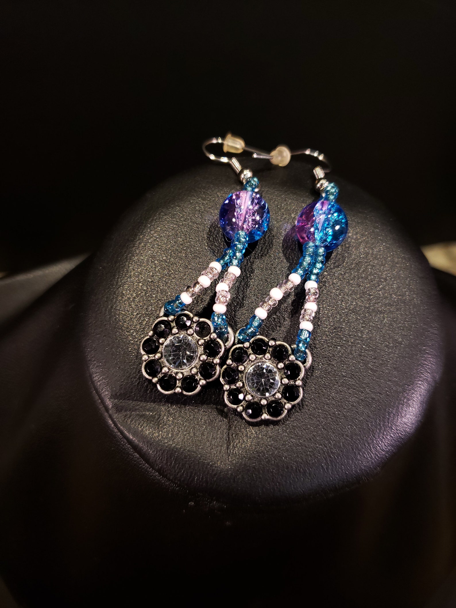 Blue and White Beaded Drop Earrings / Beaded Earrings / Drop Etsy