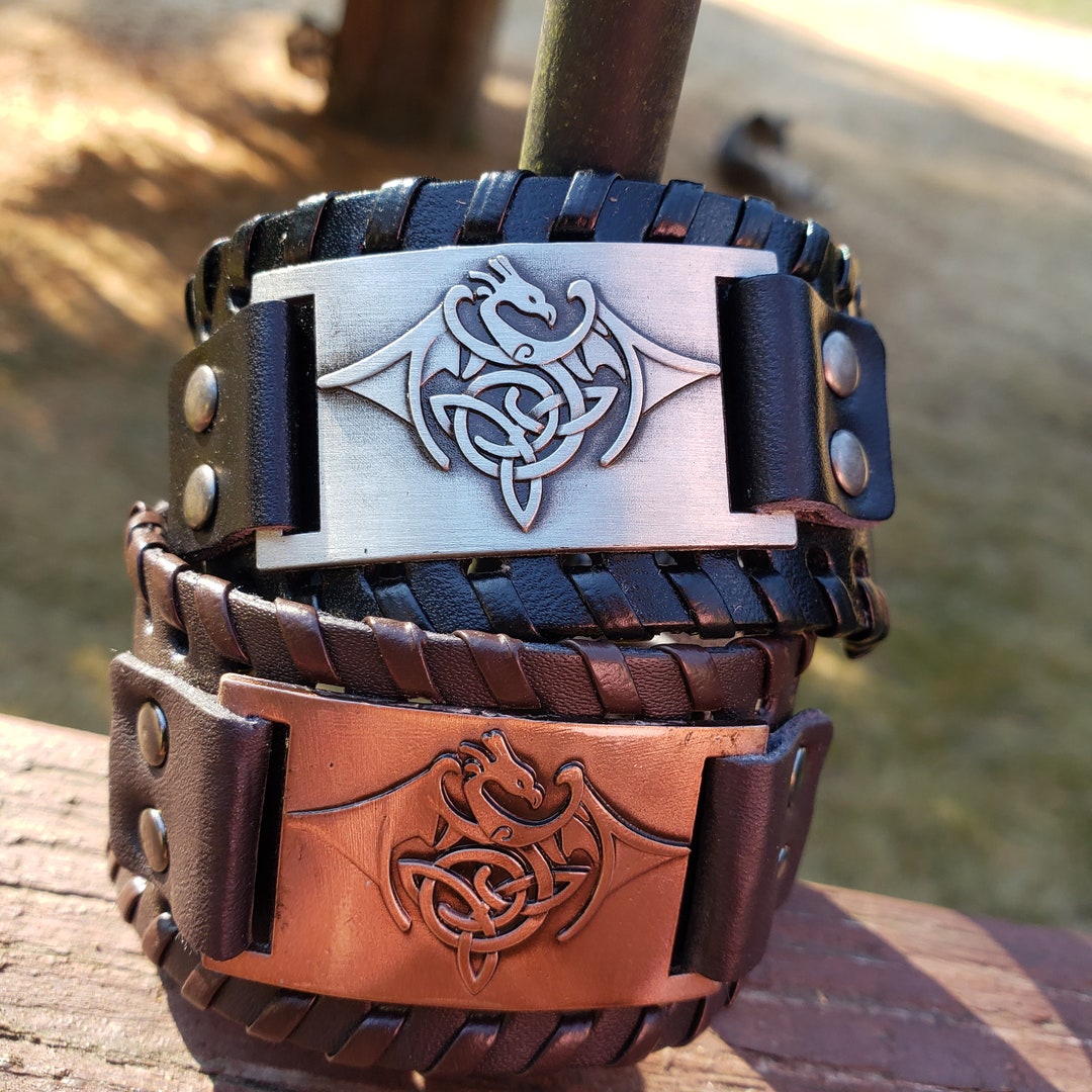0123 Celtic Dragon Leather Bracelet / Scandinavian Dragon Leather