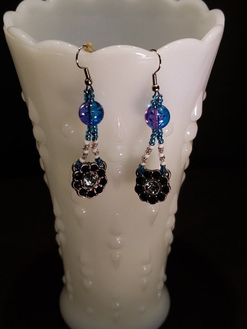 Blue and White Beaded Drop Earrings / Beaded Earrings / Drop Etsy