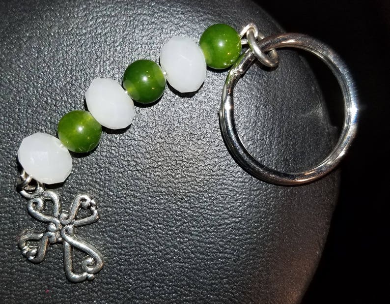 Unique Green & White Jade Keychain With Celtic Cross Charm Etsy