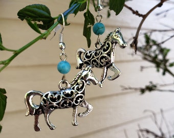 0324 - Filigree Horse Earrings with Turquoise Bead / Cowboy Earrings / Western Earrings / Drop Earrings / Dainty Earrings