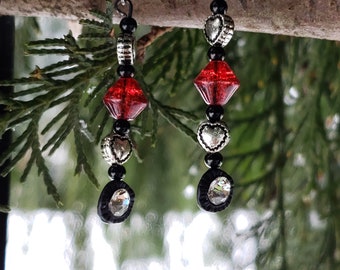 0424 -Handmade Red and Black Dangle Earrings with Silver Hearts / One of a Kind / Drop Earrings /  Valentine's Gift / Red Glass