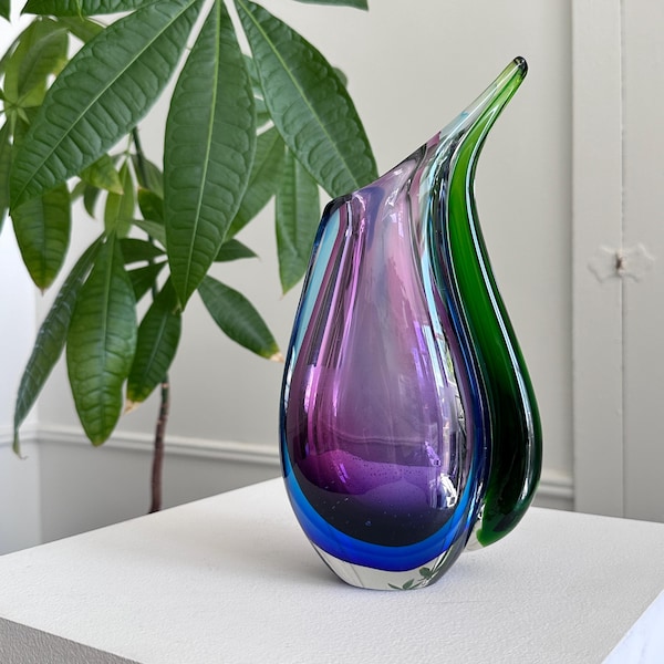 Beautiful vintage Murano Sommerso wave tear purple blue green abstract art glass stem vase hand blown large 10" Italian Mid Century decor