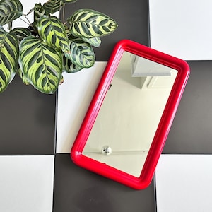 May include: A rectangular red framed mirror. The mirror is angled on a black and white checkered surface. A potted plant with green and yellow striped leaves is in the upper left corner.