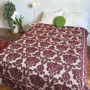 Antique early 1890s 1900s vintage Edwardian Victorian wool Jacquard Coverlet burgundy cream Damask woven bedspread 86&quot; x 68&quot;