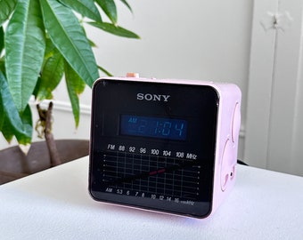 Rare pink vintage 1980s Sony AM/AF Dream Machine cube digital clock radio alarm Postmodern tested working model ICF-C10W