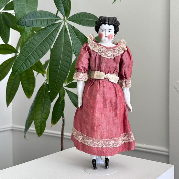 【antique doll】lithograph vintage Antique 1850s Victorian China Head Doll Painted Boots & Green